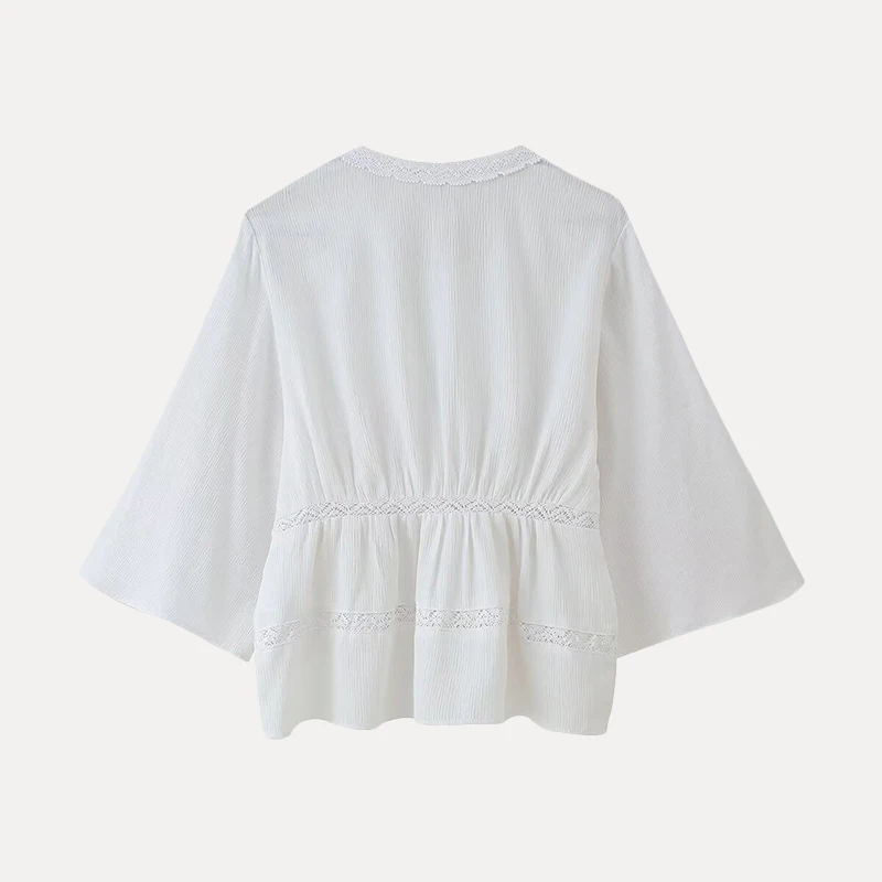 Printemps 2025 femmes Sle ample Vertical à volants garniture v-ne irt Z polyvalent longueur régulière couleur Pure Fiber de Polyester