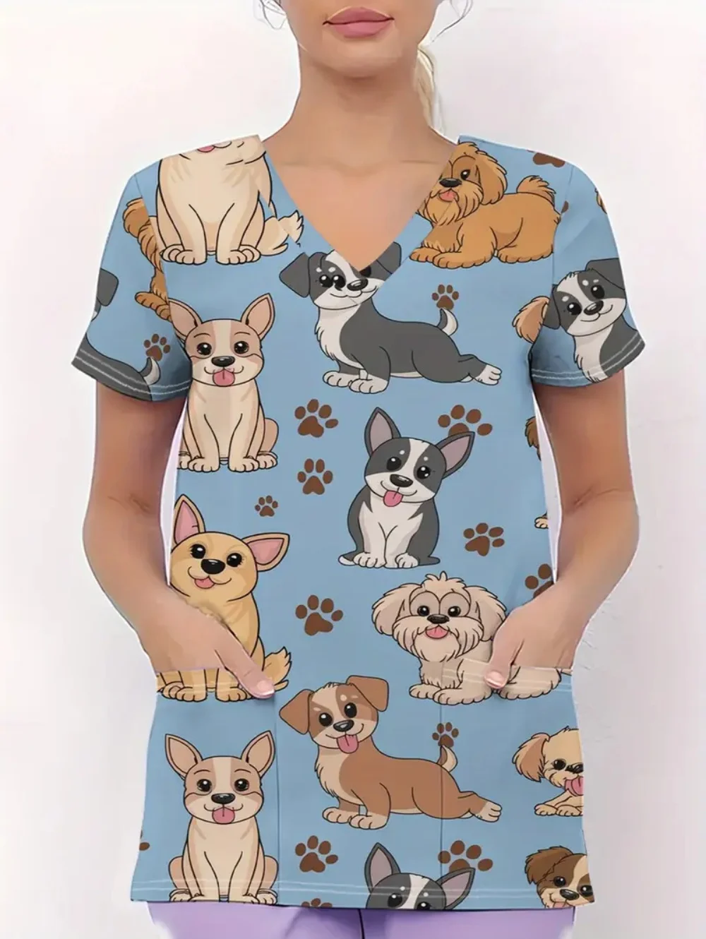 Cute Dog Pattern Surgical Uniforms Woman Dentistry Short Sleeve Tops Fashion V-Neck Nursing Comfortable Clinical Uniform Woman