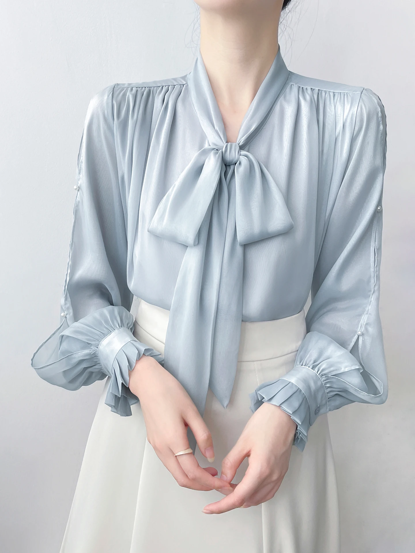 

Корейская женская шифоновая блузка с длинным рукавом, синяя, с узлом, элегантная, роскошная, омолаживающая, модная