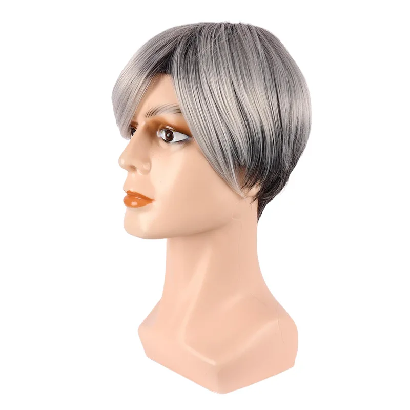 Men's Wig Short Hair Middle-aged and Elderly Gray Partial Short Straight Hair Chemical Fiber High Temperature Silk Headgear