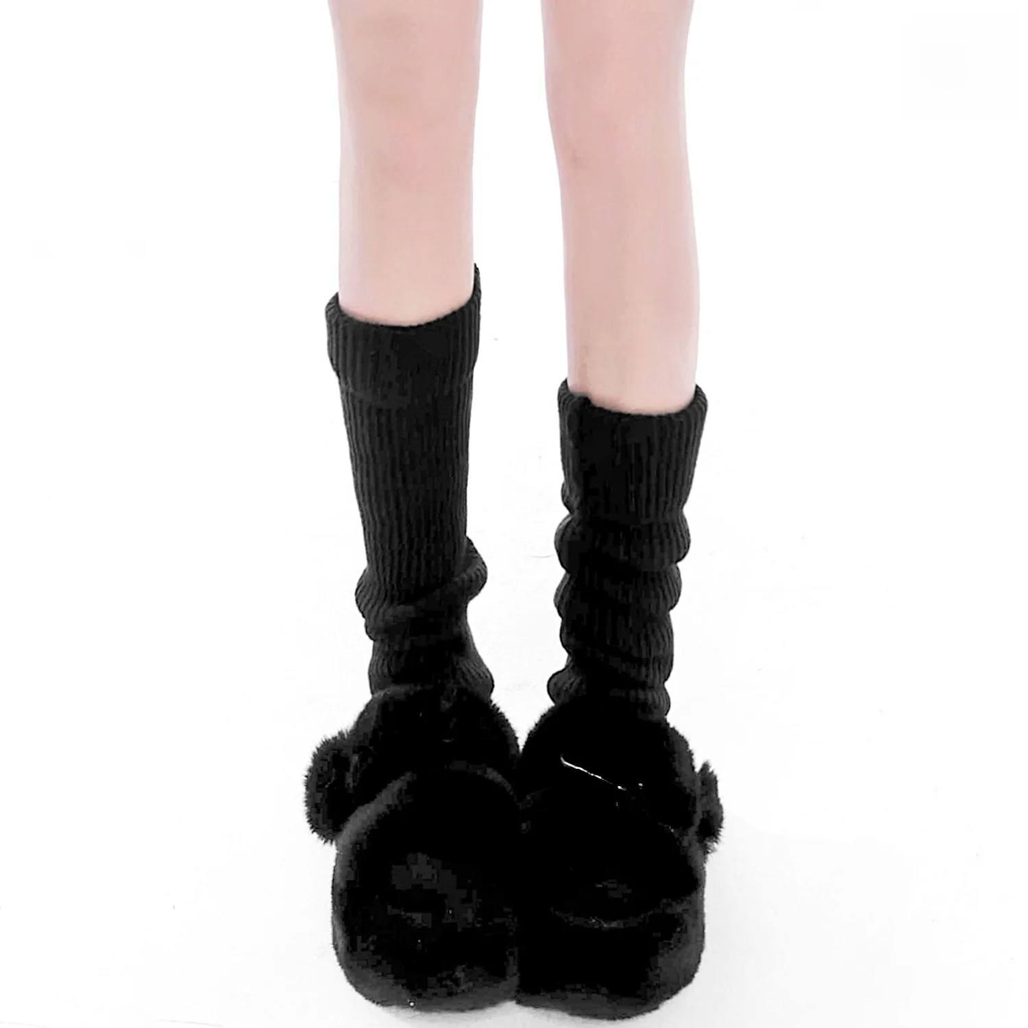 Warm Thick Bottom Platform Slippers Socks Covers Skeleton Black Metal Pin Cream Color Fall Winter Matching Furry Clogs