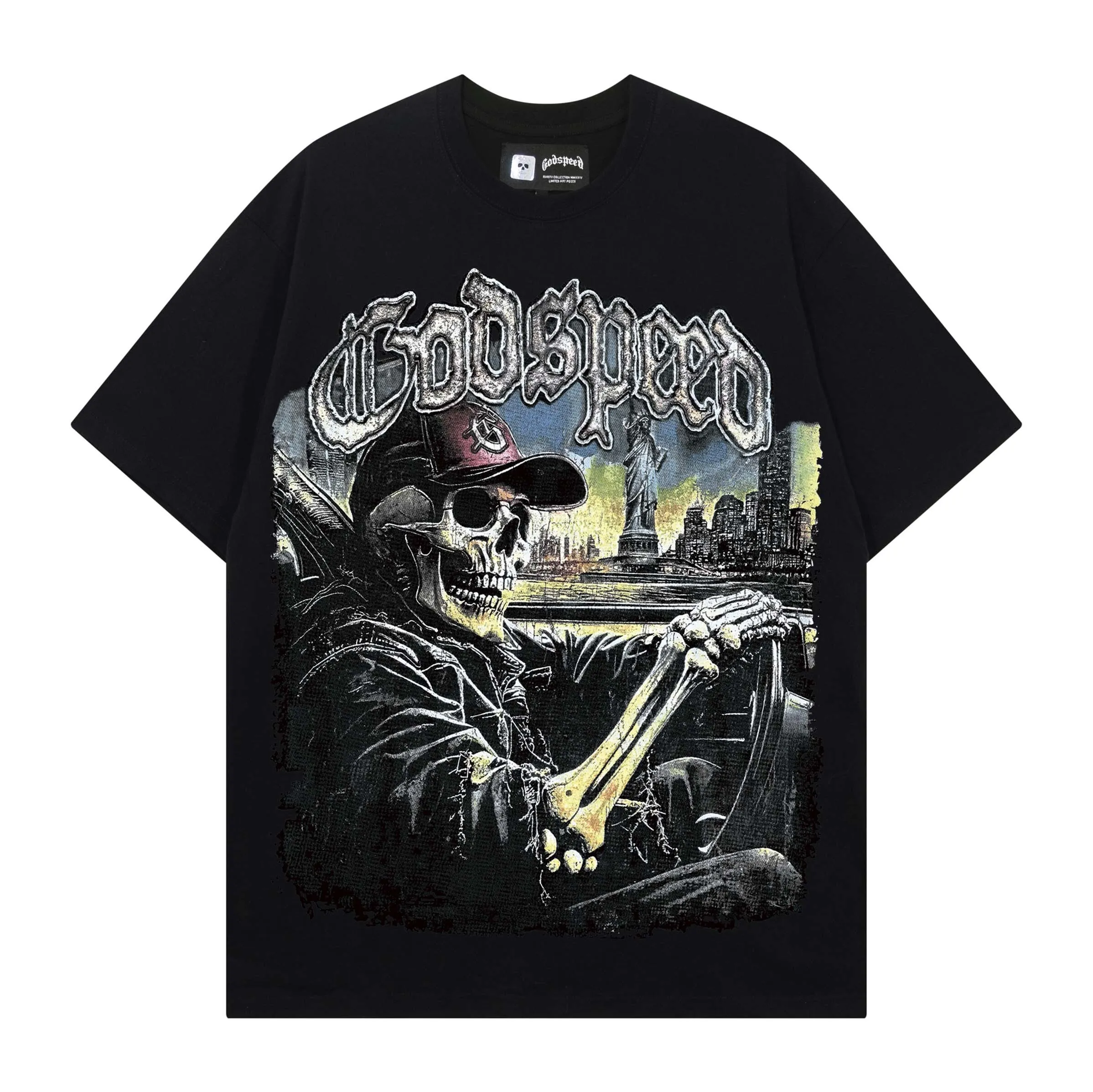 Godspeed American Style Skeleton Print High Street Quality Heavyweight Double Thread Loose Pure Cotton Short Sleeve T-Shirt