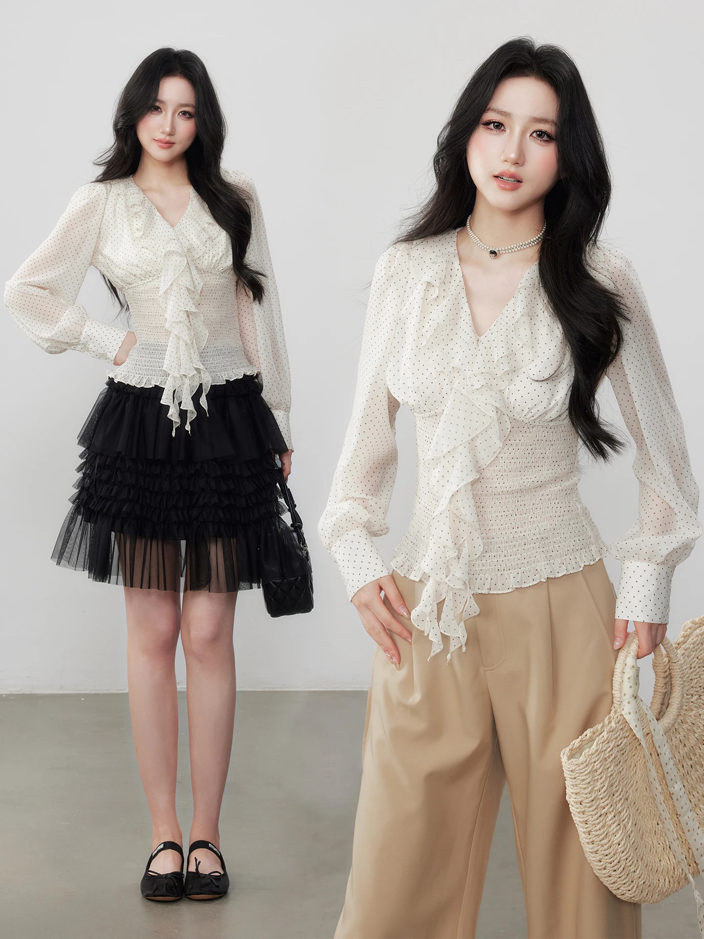 

Elegant Polka Dot Chiffon Shirt Bow Waist Slim Fit Long Sleeve V Neck Spring Summer New Style Women's Fashion Daily Wear