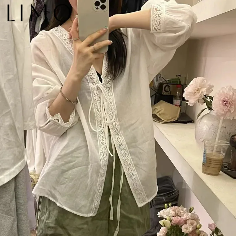 

LIMO Women’s Lace Patchwork Tie V-Neck Top Casual Lazy Solid Cotton Linen Elegant Sexy High Quality Spring Summer Fashionable