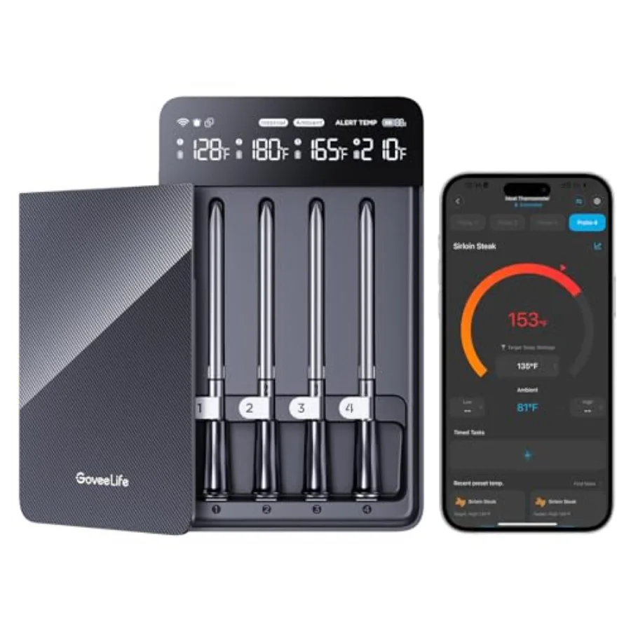 

Bluetooth Wireless Meat Thermometer with 4 Probes WiFi Unlimited Range ±1.8℉ Accuracy IP68 Waterproof Real Time Monitoring Digi
