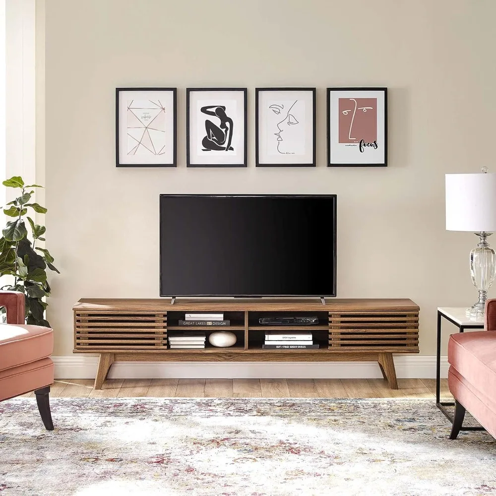 

70" Mid-Century Modern Low Profile Media Console TV Stand, 70 Inch, Walnut Walnut