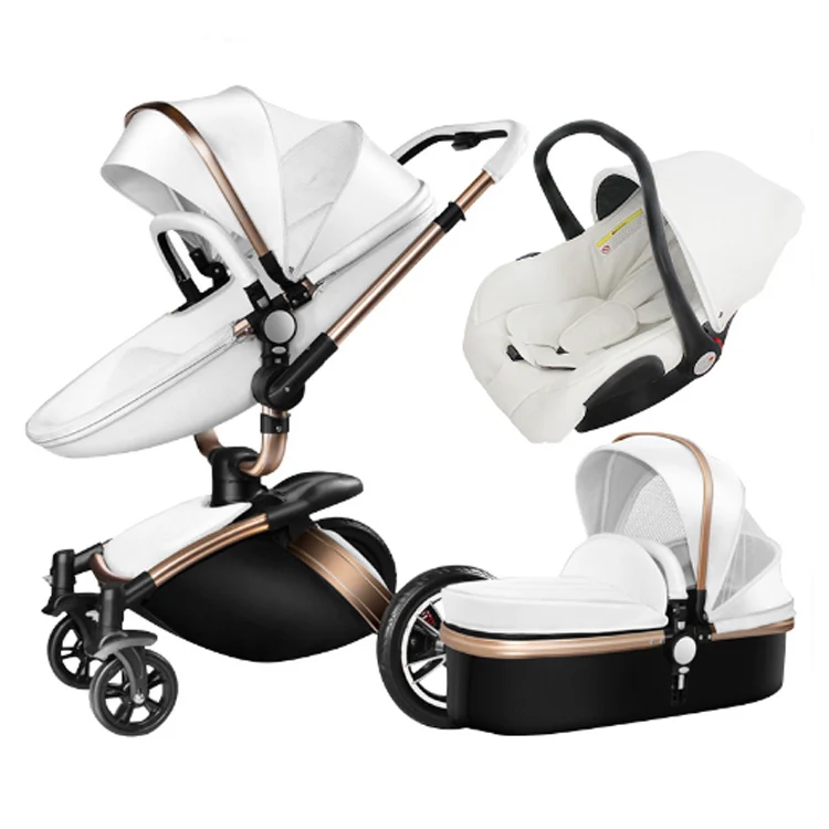 White travel system luxury baby stroller 3 in 1 with carrycot and carseat