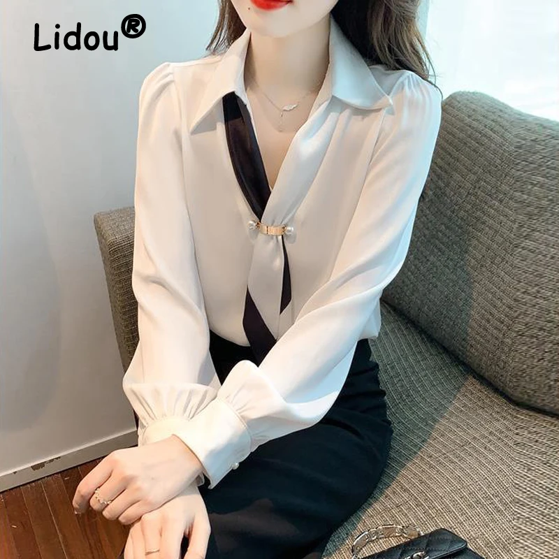 Women Bow Tie Luxury Design Elegant Blouse Korean Fashion Business Casual Office Lady Shirt Spring Autumn V Neck Long Sleeve Top