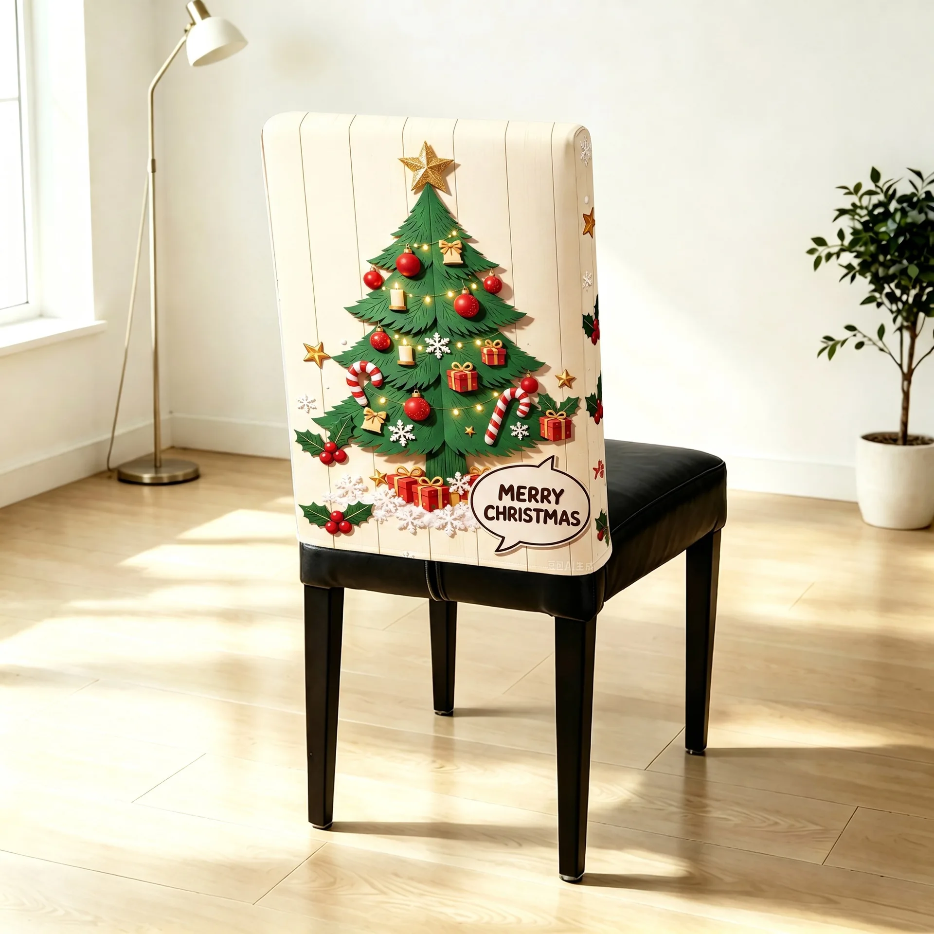 VIKAMA christmas wreath 3d rustic wood chair covers stretch removable washable xmas home decoration 2/4/6 pcs set