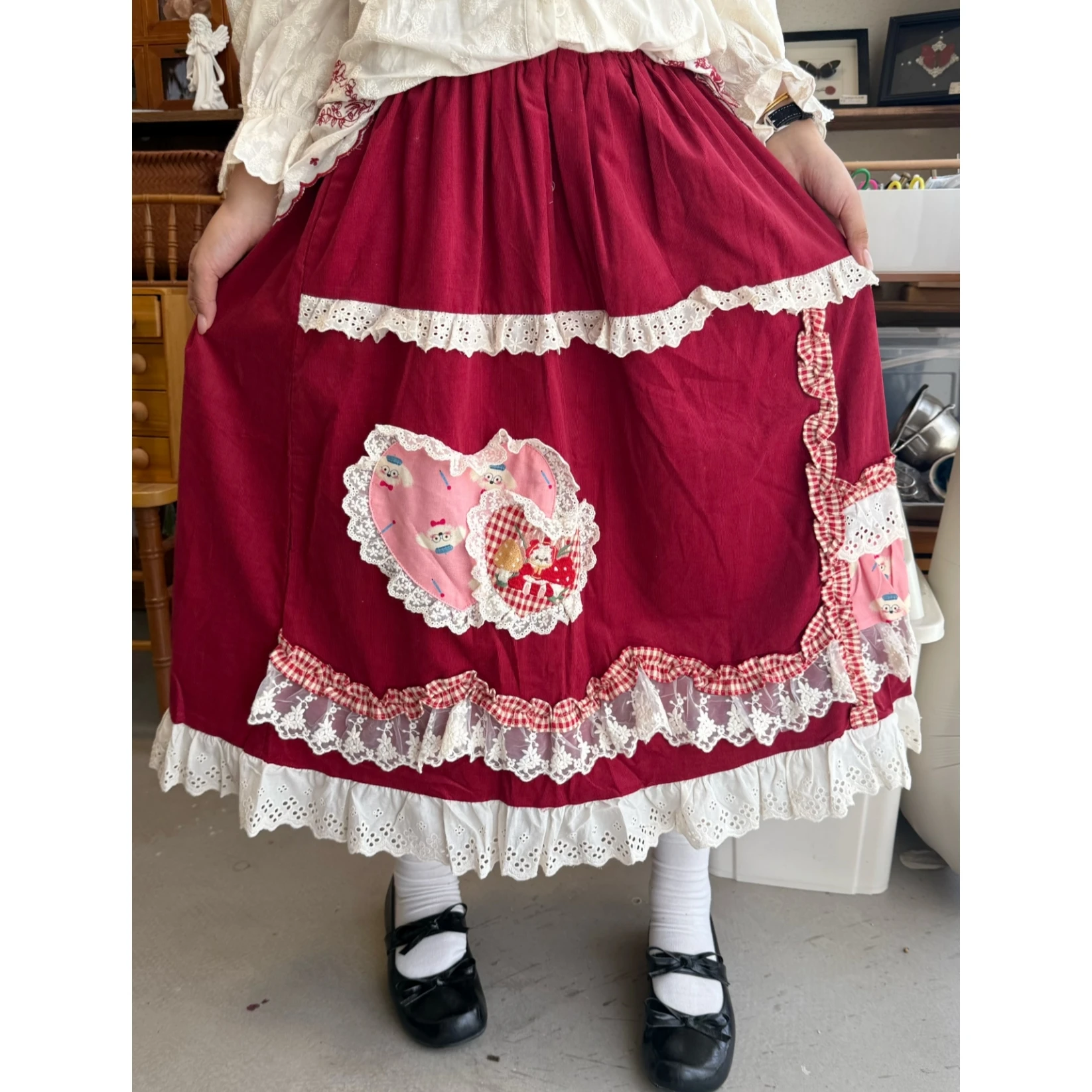 

Женская винтажная вельветовая кружевная юбка с рюшами и рисунком Kawaii, милая юбка-миди Mori Girl Lolita, корейская осенняя милая длинная юбка Goblincore