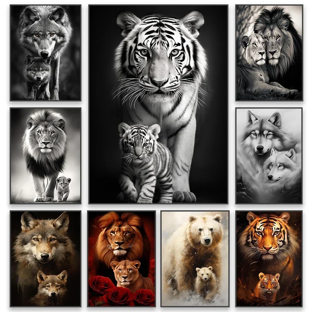 (No frame)Black and White Cub Prints Modern Wild Animal Poster Colorful Tiger Wolf Canvas Painting Large Living Room Bedroom