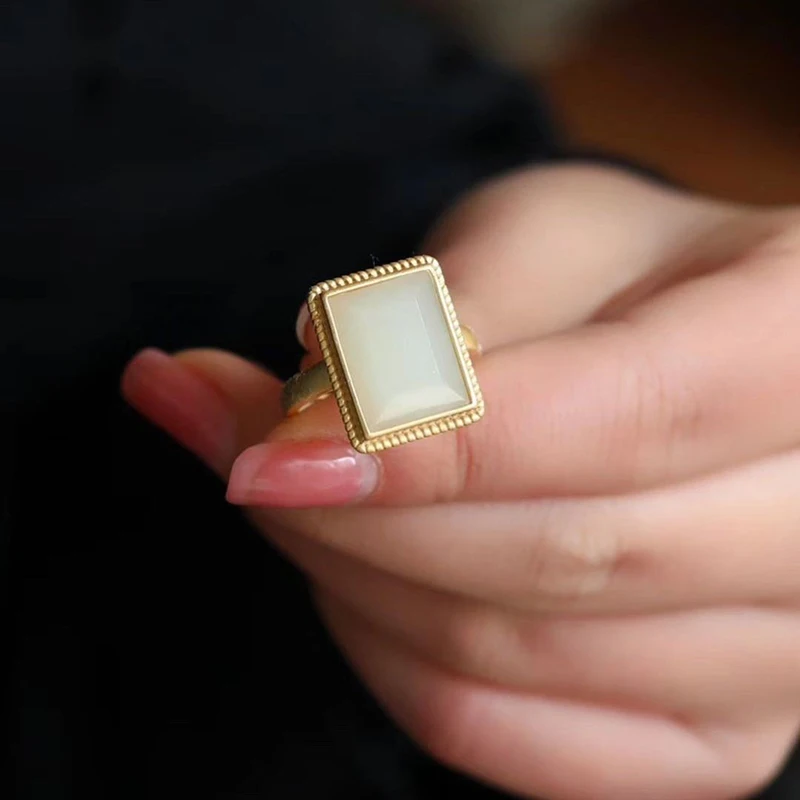 Natural Hetian White Jade Geometric Square Opening Adjustable Ring Chinese Style Retro Unique Ancient Gold Craft Women's Jewelry - view 5