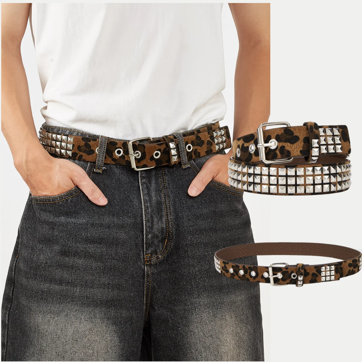 1pc Men's Punk Y2k Rock Leopard Print Rivet Belt Jeans Versatile Decorative Belt