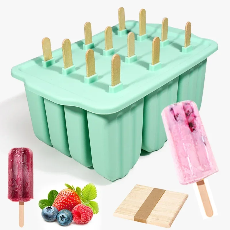 12-Cavity Silicone Ice Cream Mold Set with Lid Easy Release Kitchen Tray for Homemade Desserts Compatible with Refrigerator