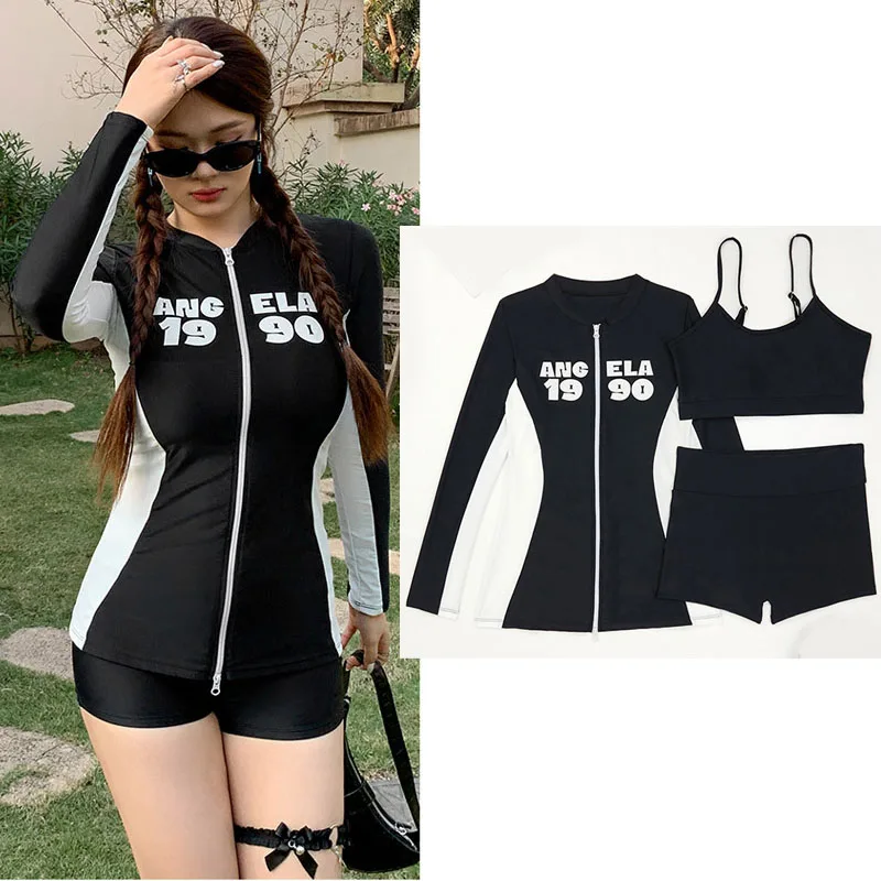 

Women's Long Sleeve UV Sun Protection Rash Guard Shirts+ Swimsuit Sun UV Protect Top with Boyshorts Zip Front Sunsuit Rashguard