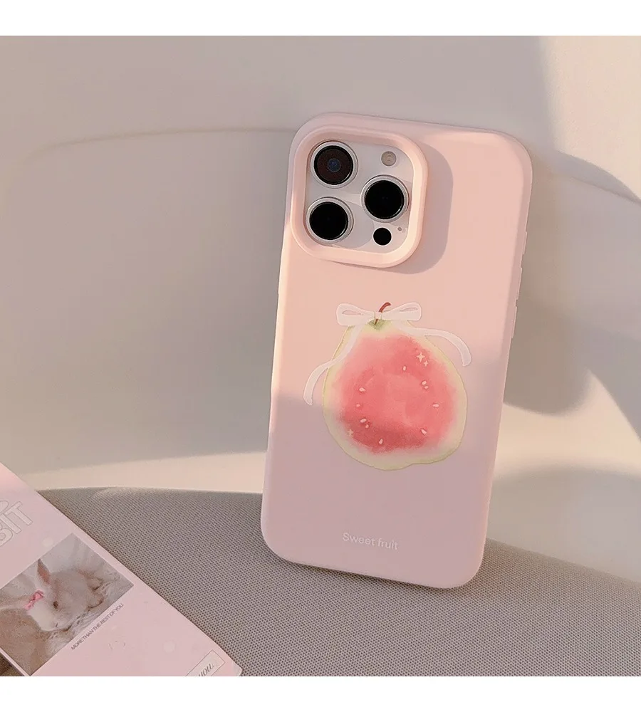 Light Pink Watercolor Guava Fruit Phone Case For iPhone 12 13 14 15 16 17 White Bow Sweet Fruit Print Matte Soft Cover