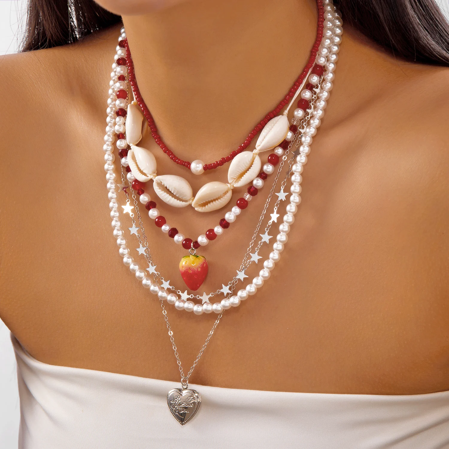 Romantische süße rosa Schleife Liebe Herz Anhänger Halskette Set für Frauen einfache handgemachte mehrschichtige Perlen Halskette Party Schmuck – Detail 9