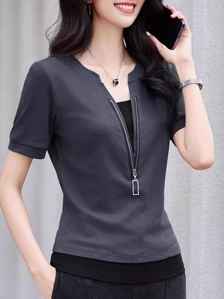 New Women Patchwork Contrast Color T-shirt Fashion Zipper V-Neck Short Sleeve Slim Tees Simplicity Casual Summer T-shirt
