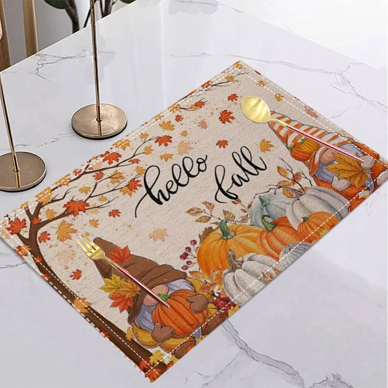 Halloween Fall Autumn Linen Placemat Table Coffee Mat Orange Brown Gnome Pumpkin Maple Leaf Plaid Harvest Happy Decorative