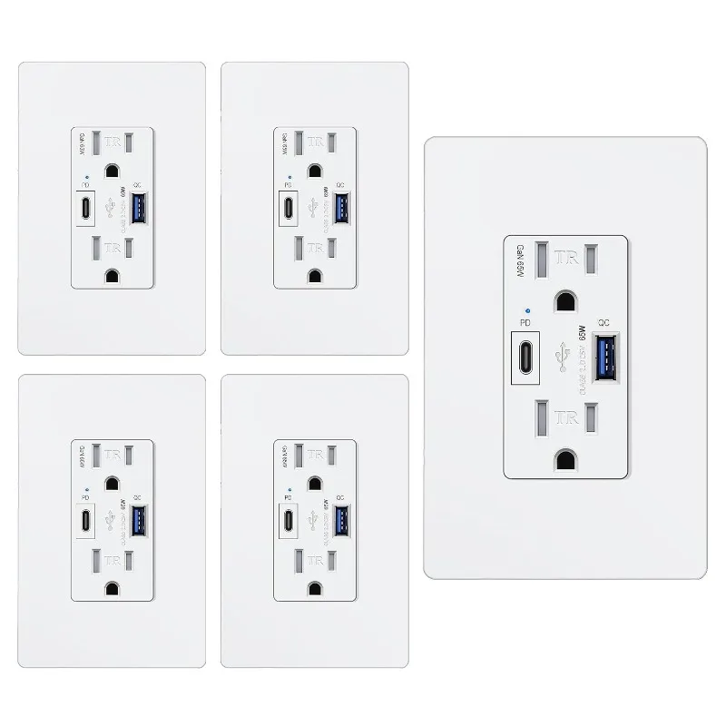 

5Pack GaN 65W USB C Wall Receptacle for Laptop,15A High Speed Charging Power Outlets with USB Ports,Type C Supports PD 3.0 & PPS