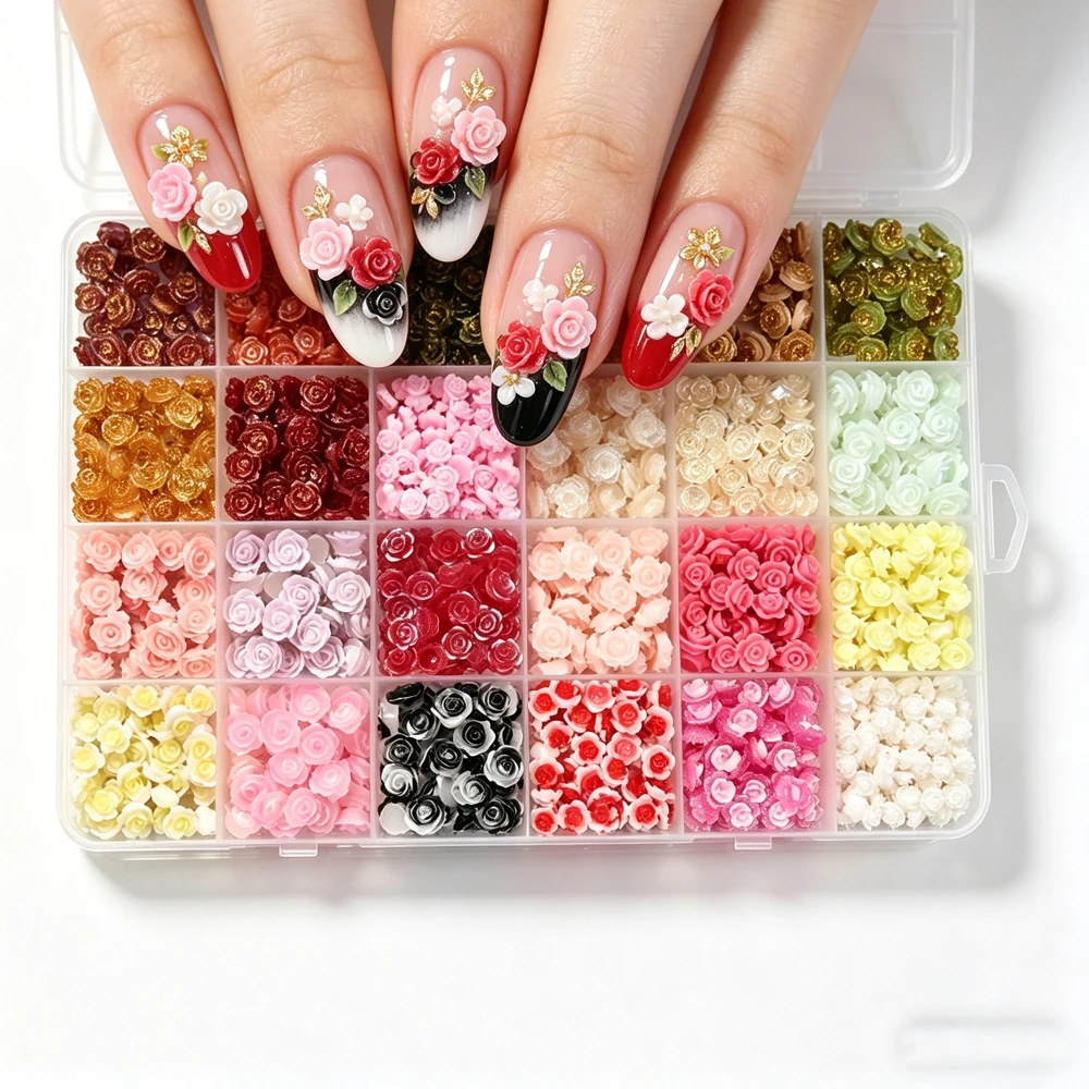 24Grids 3D Coloful Camellia Flower Nail Charm Mixed color Resin Rose Blossom Nail Art Rhinestones DIY Floral Manicure Decoration