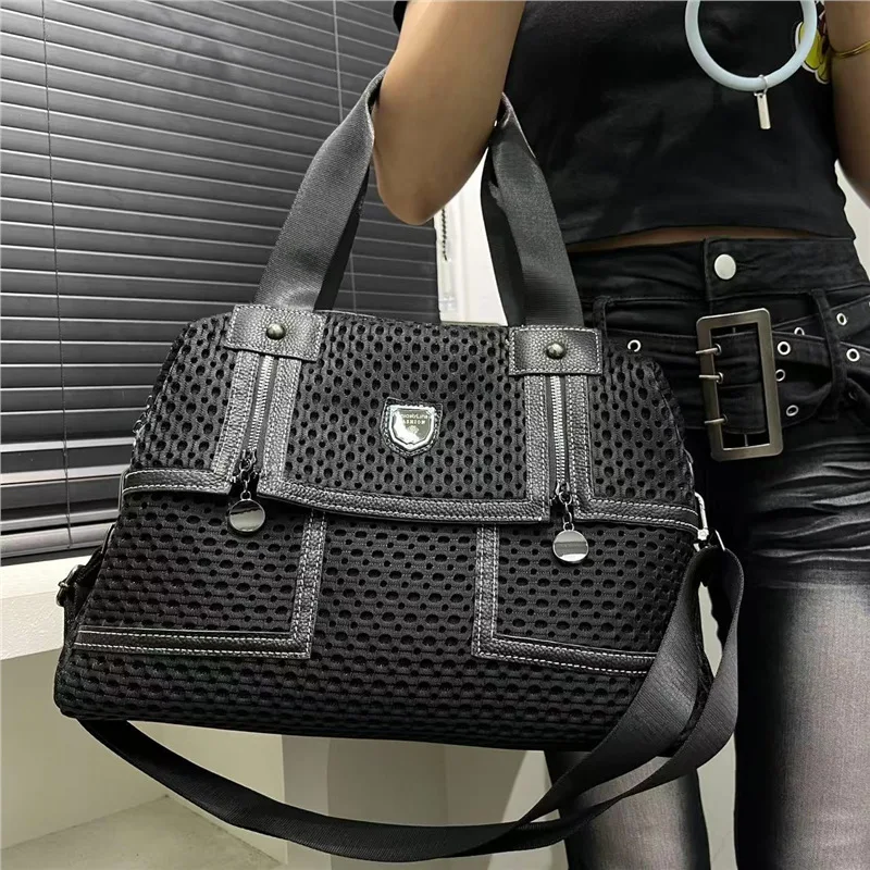 

Lightweight Fashionable Mesh Crossbody Shoulder Bag Simple Stylish Stitched Handbag Trendy Travel Tote Bag Soft Causal Handbag