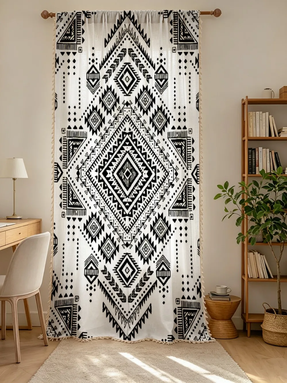 1PC Boho Tassel Sheer Curtains, Black White Geometric Aztec, Digital Print, Linen Polyester, Bedroom Living Room Home Decor