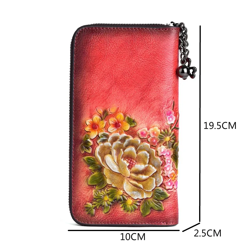 2024 New Chinese Style Retro Women Wallet Genuine Leather Long Zipper Purse Vintage Handmade Embossed Clutch Card Holder
