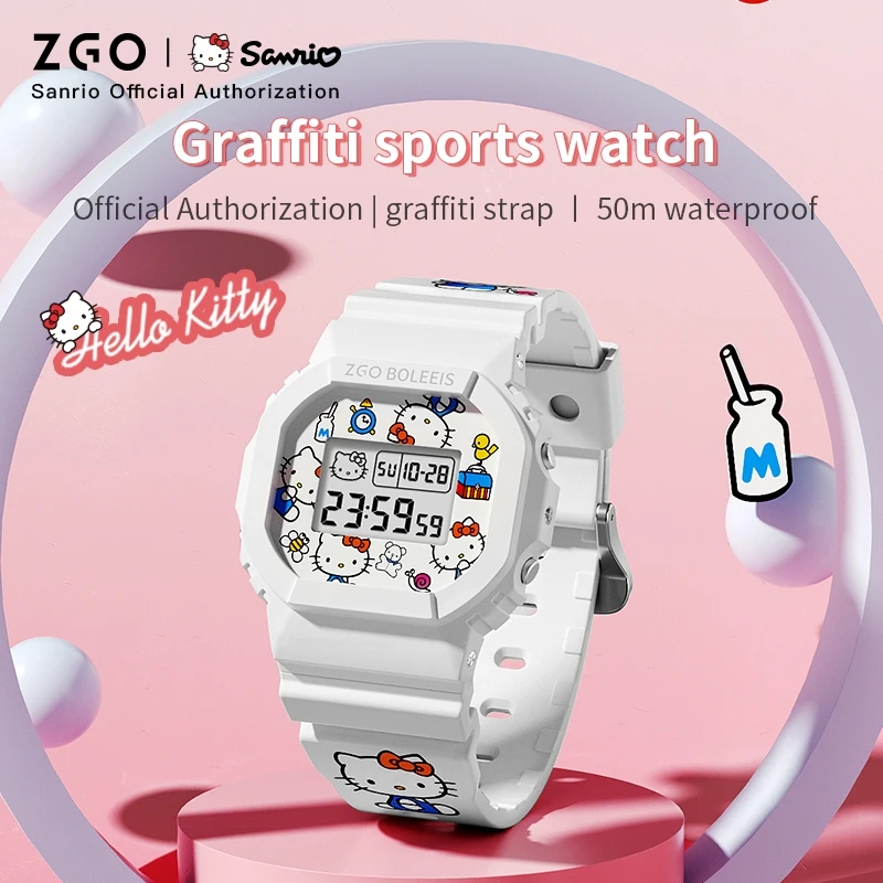 ZGO X Sanrio HelloKitty นาฬิกาอิเล็กทรอนิกส์กันน้ํากีฬานาฬิกาข้อมือ TPU สายนาฬิกา Chronograph หญิงคริสต์มาสของขวัญ 8611