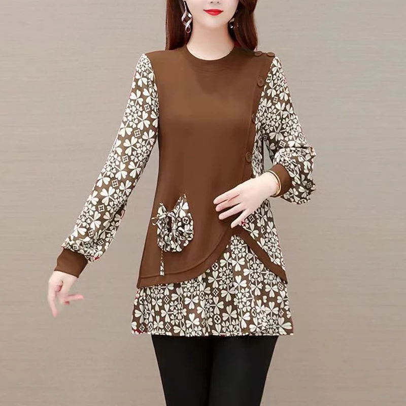 Spring Autumn New Round Neck Long Sleeve Fashion Blouse Women High Street Printing Pullovers Elegant Pockets Patchwork Chic Top