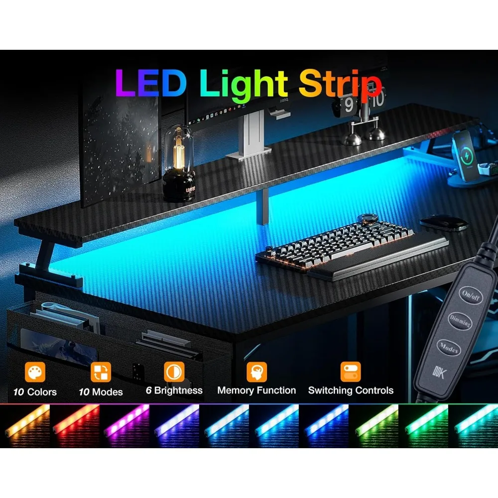 48 Inch Gaming Desk with USB Charging Ports and LED Lights, Reversible L Shaped Computer Desk with Storage Shelves