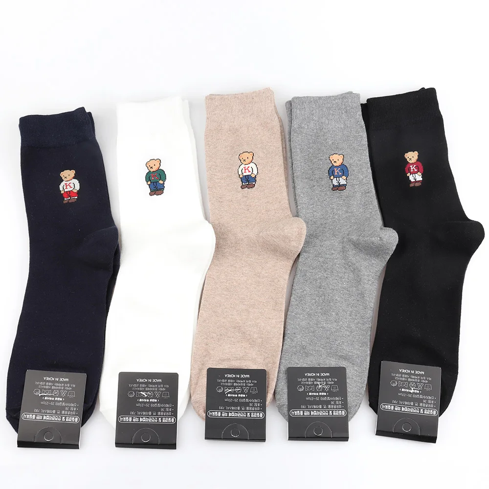 1 Pair Gentleman Cartoon Bear Men\'s Socks Simple Style Comfortable Breathable Mid-calf Socks Campus Sports Models Cotton Socks