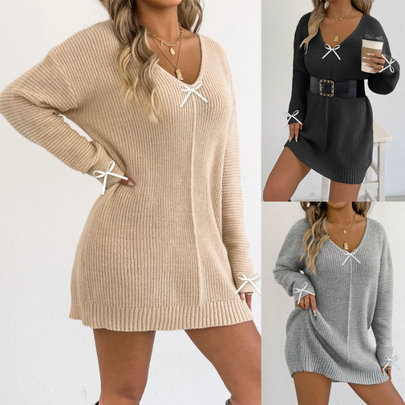 Women's Deep V Sexy Pullover Ribbon Bow Sweater Bottoming Dress Does Not Include Belt