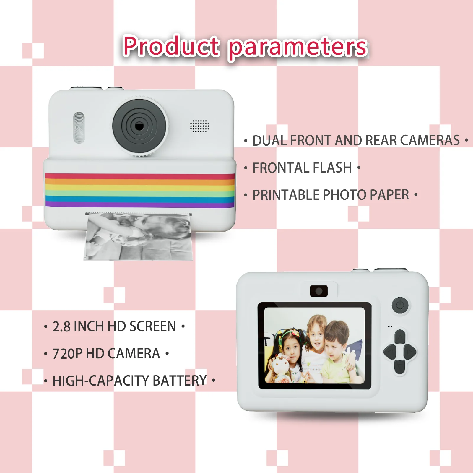 32GB メモリカードと色鉛筆を備えた子供用インスタントカメラ、デュアルカメラ、懐中電灯、男の子と女の子への完璧なギフトです。