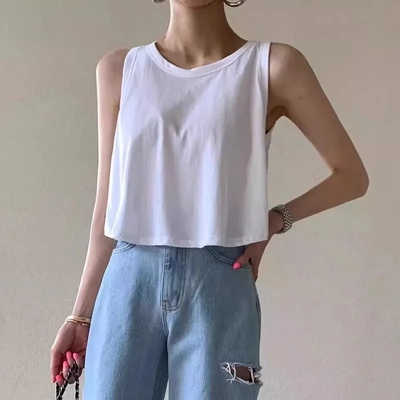 

Korean O-neck Irregular Loose White Tank Tops Female 2025 Summer New High Street Solid Color All Match Crop Tops