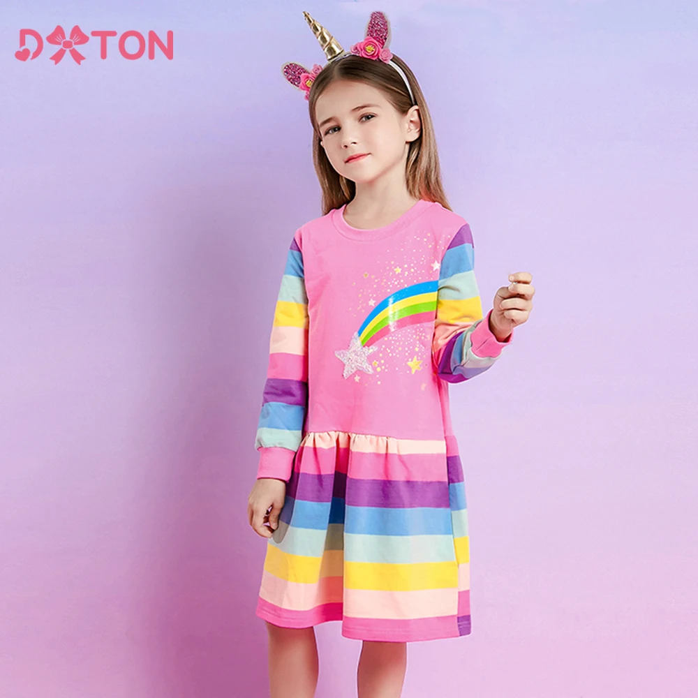 Dxton Winter Kinder Kleid Regenbogen Langarm Kinder Freizeit kleid Kleinkind Pullover Baumwolle Kleidung Star Print Mädchen Kleid 3-12y