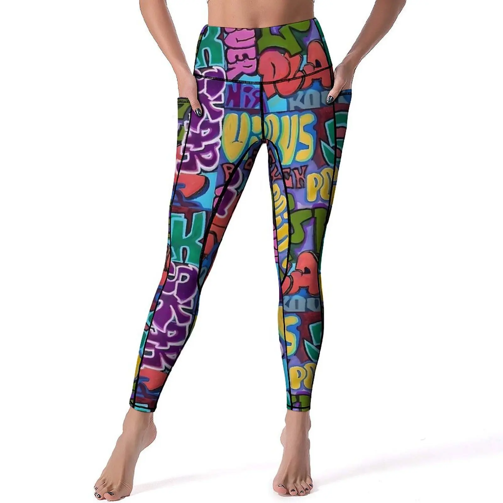 Graffiti leggings sexy carta impressão correndo calças de yoga push up elástico calças esportivas com bolsos kawaii gráfico leggins