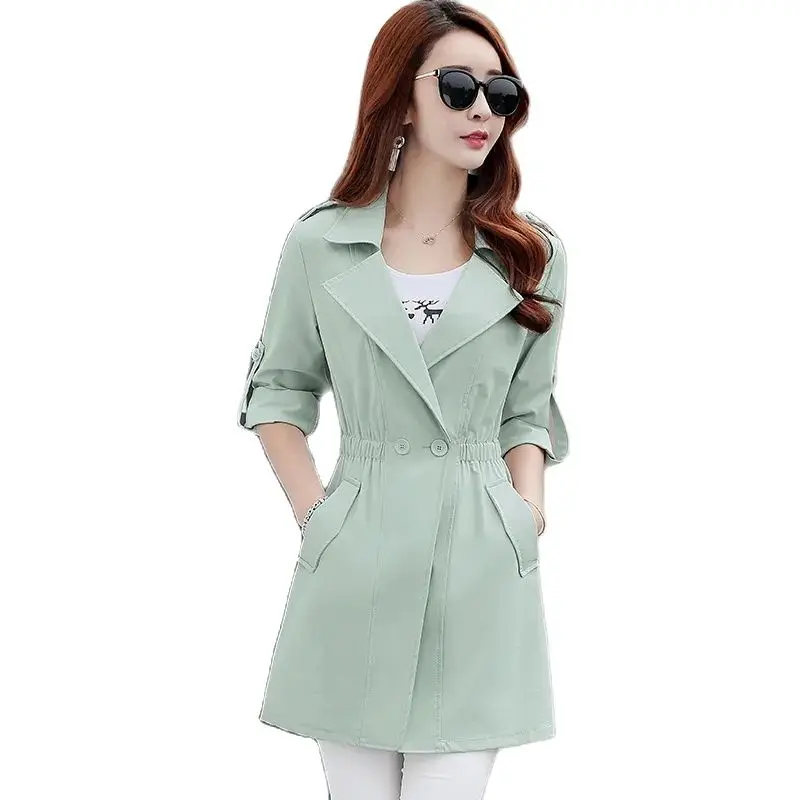 

Thin Windbreaker Girl Mid-Long 2023 Spring Autumn Ladies Jacket Slim Korean Waist Outerwear Nine-Point Sleeve Spring Women Coat