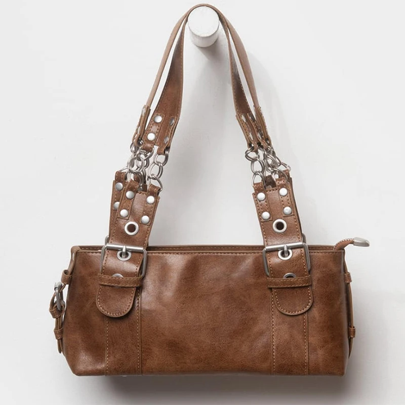 

Брендовая сумка подмышки с цепочкой, женская сумка с пряжкой, винтажная мотоциклетная сумка, высококачественная фурнитура, сумка с широким плечевым ремнем, кошелек в стиле Y2k