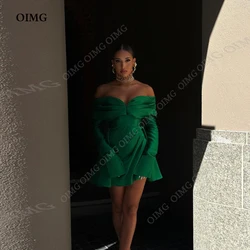 Romantic Dark Green Short Evening Dress Satin Sexy Club Party Long Sleeves Off The Shoulder Prom Party Gowns Vestido Prom 2023