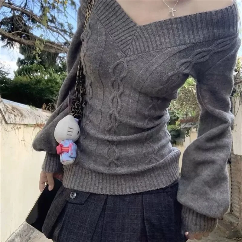 Top in maglia con scollo a V moda vintage autunnale donna dolce pullover moda casual coreano elegante maglione a maniche lunghe sexy sottile nuovo