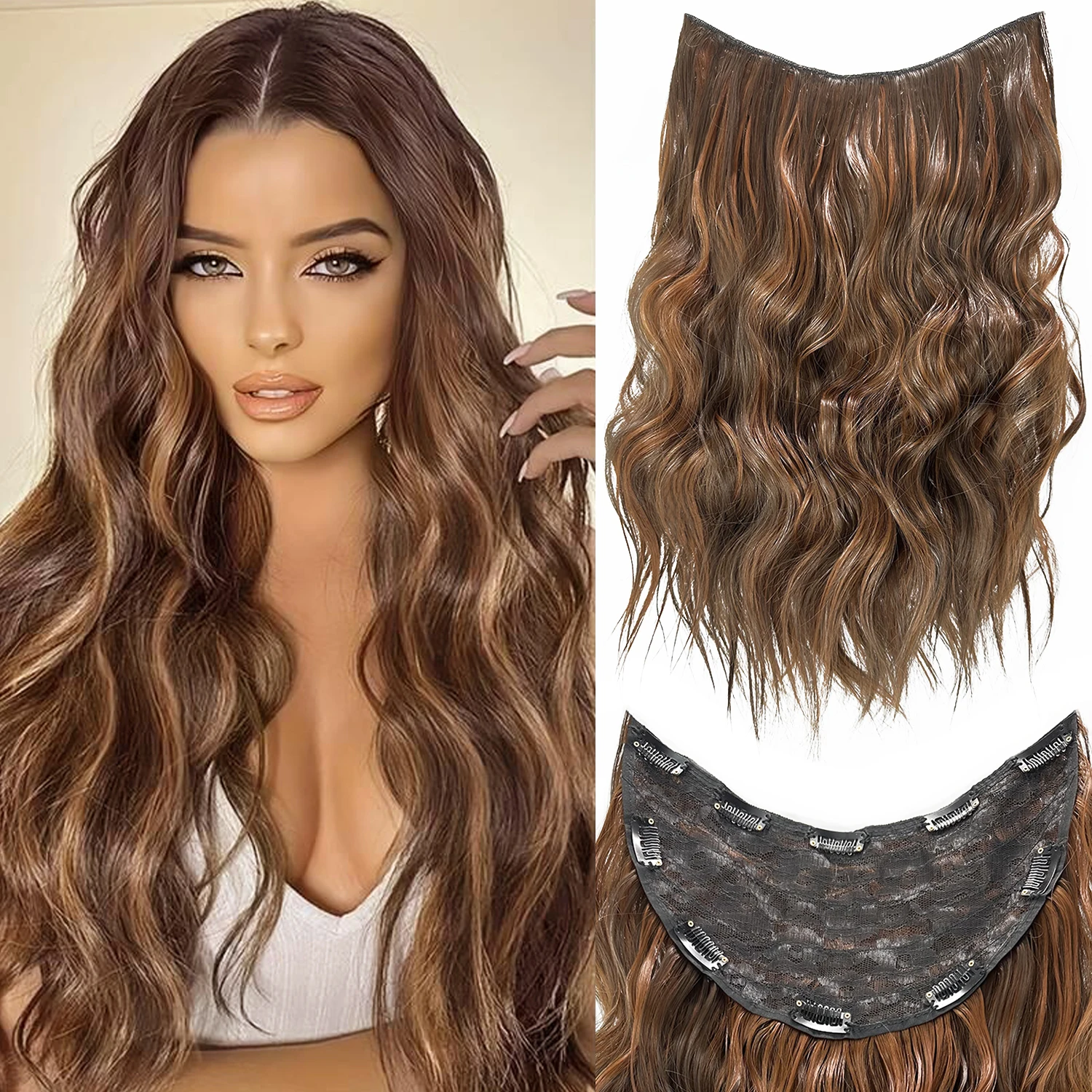 Synthetic 22 Inch One Piece Long Wavy U-Shaped 10 Clip In Hair Extensions Suitable For Women Daily Party Use