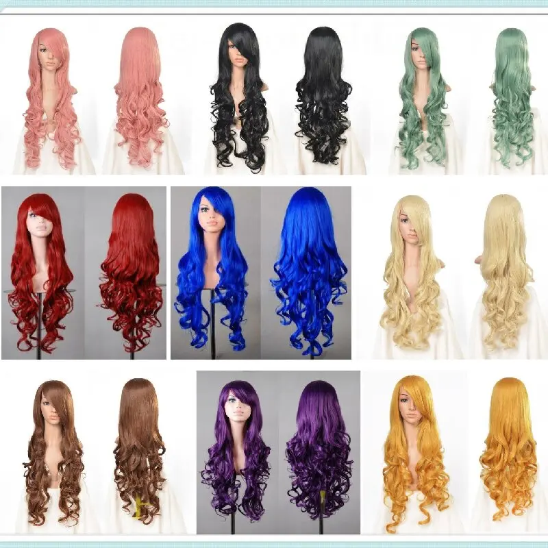 

Cosplay Red Wig Fei-Show Synthetic Long Curly Halloween Women Blue Hair Carnival Costume Cosplay Inclined Bangs Black Hairpiece