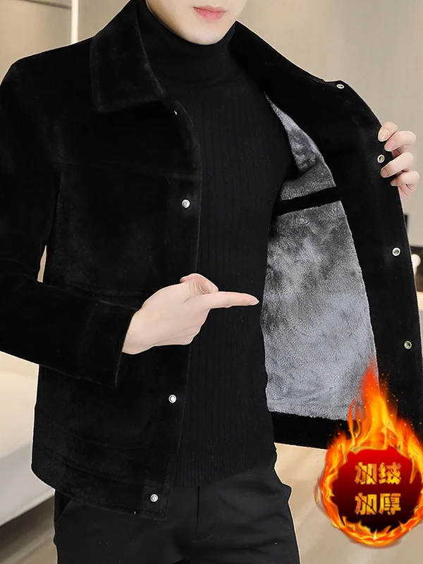 

Мужская зимняя куртка с меховой подкладкой, повседневная шерстяная куртка с искусственным мехом, деловой повседневный топ с отложным воротником для работы