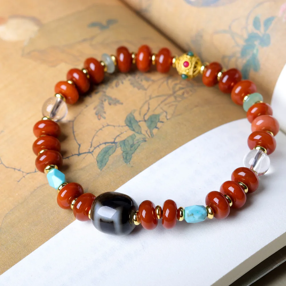 New Chinese Style South Red Agate Flat Bead Bracelet with Black Gold Heaven Earth Dzi & Natural White Crystal