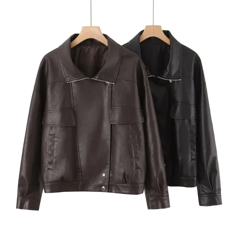 

Black and Rown Loose Casual Leather Jackets Short Top Retro Locomotive Design Lapels Spliced Coat Fashion Women's Leather Jacket