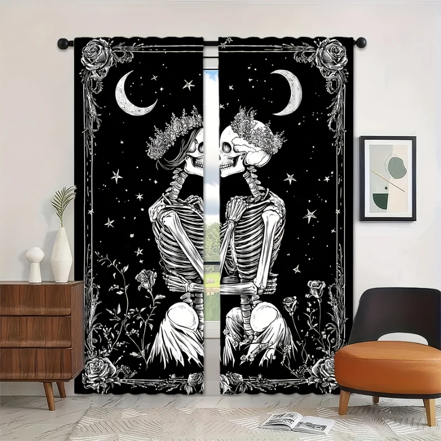 2PCS Digital Printed Curtains, Skeleton Lovers Crescent Moon Stars Roses, Gothic Tarot Romantic Halloween Window Decor Room