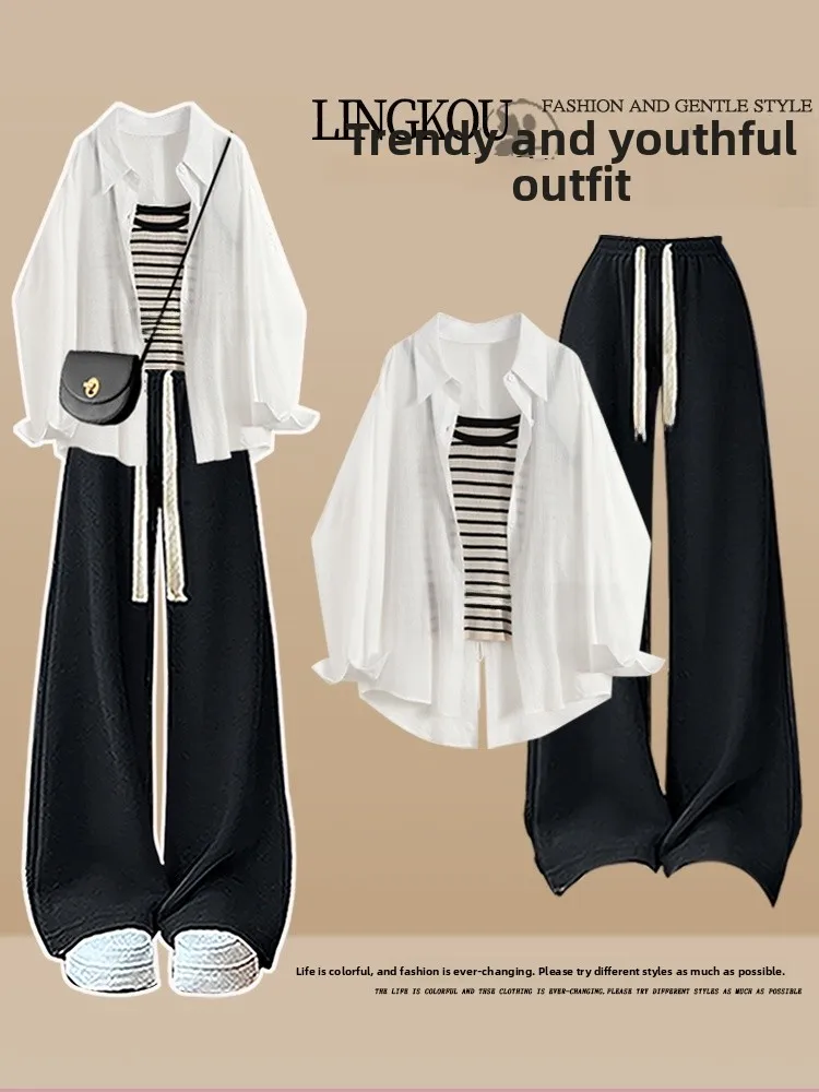 

Summer Casual plus Size Set Women's Korean Style Anti-Aging Sun Protection Striped Tube Top Black Slim Wide Leg Pants Three P...