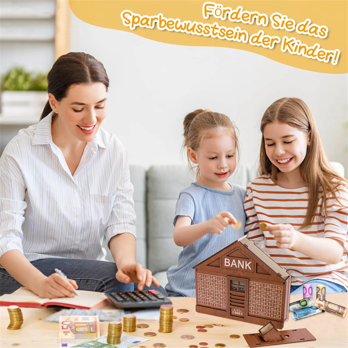 

Reliable House Shape Wooden Money Box with Counter Wooden Crafts Money Saving Box Portable Coin Bank Brown