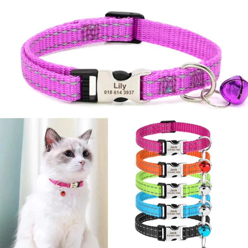 Cat collar with bell, engravable content, night reflective nylon cat leash anti lost pet cat collar